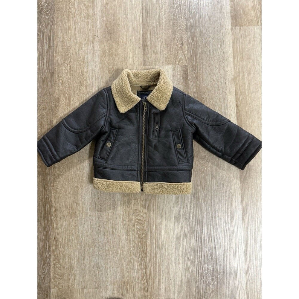 Baby Gap Faux Leather Bomber Jacket Size 18-24 Months Brown Full Zip Lined Boys